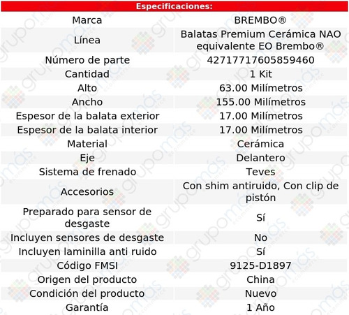 Balatas Delanteras Cermicas Brembo Volvo Xc60 2017 A 2021 Foto 2