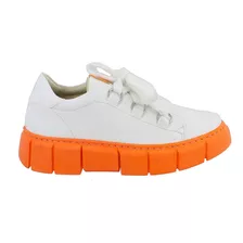 Tênis Feminino Casual De Amarrar 101 Branco Com Sl Laranja