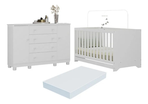 Berço Americano 3 Em 1 Com Colchão Incluso E Cômoda 2 Portas 4 Gavetas Allegra Multimóveis Mp4704 Branco