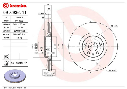 Discos Volvo S90 T5 Momentum 2017 09.c936.11 345mm Brembo Foto 2