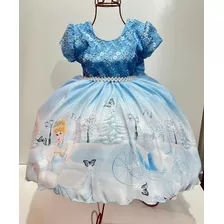 Vestido Infantil Da Cinderela Sapatinho Azul Temático Luxo