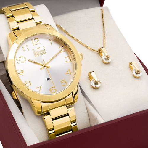 Kit Relógio Feminino Dourado Com Semi Joia Banhada A Ouro 18