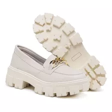 Mocassim Feminino Tratorado Off White De Corrente Casual