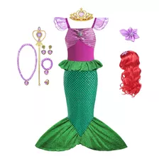Vestido De Princesa Sirena Ariel Para Niña Con Peluca