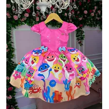 Vestido Infantil Rosa Baby Shark Bebê Tubarão Com Tiara