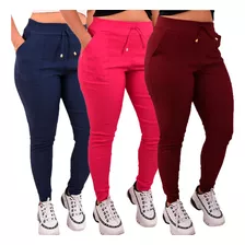 Kit 3 Calças Feminina Jogger Bengaline Cintura Alta 