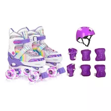 Patins 4 Rodas Infantil Com Luz De Led E Kit Segurança Lilás