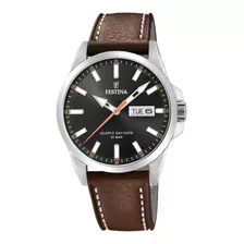 Reloj Pulsera Festina Classics F20358 De Cuerpo Color Plata, Analógico, Para Hombre, Fondo Negro, Con Correa De Cuero Color Marrón, Agujas Color Gris, Blanco Y Naranja, Dial Blanco Y Gris Y Naranja, M