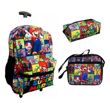 Kit Mochila Mario Bros Lancheira Estojo Rodinha Juvenil