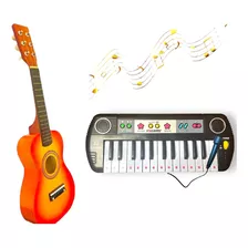 Kit Piano Teclado Musical + Mini Violão Infantil De Madeira 