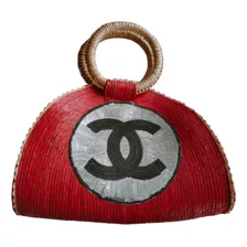 Bolsa Mimbre Roja Con Decoración De Logo En Lentejuela