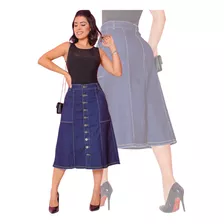 Saia Moda Evangelica Jeans Midi Godê Frente Botão Comportada