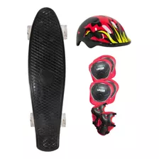 Kit Infantil Patineta Penny Classic Luz Led + Protecciones Color De Las Ruedas Negro/fuego