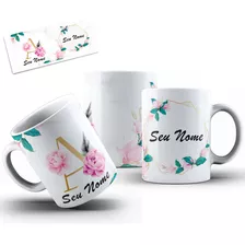 Caneca Xícara Personalizada Alfabeto Floral Nome Porcelana