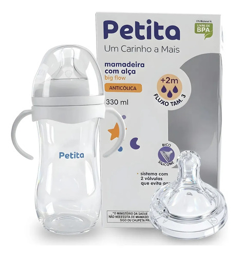 Mamadeira 330ml Com Alças Bico Silicone Big Flow Anticolica Transparente E Bege Petita