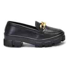  Mocassim Feminino Tratorado Oxford Preto Corrente Dourada 