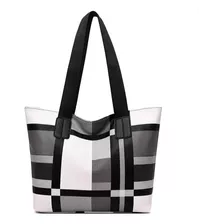 Tote Bolsa De Mano Cuadros Cuero De Pu Casual Blanco Y Negro