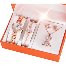 Juego De Reloj Y Joyas En Caja De Elegante 5 Piezas Color De La Correa Oro Rosa