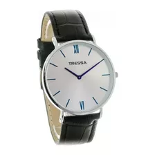 Reloj Tressa Clyde Hombre Malla De Cuero Negro Fondo Plata