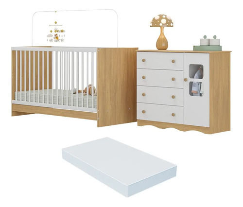 Berço 3 Em 1 Com Colchão Incluso E Cômoda 1 Porta 4 Gavetas Serena Multimóveis Mp4753 Madeirado/branco