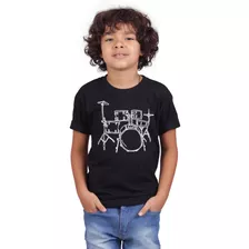 Camiseta Infantil Rock Instrumento Bateria Preta