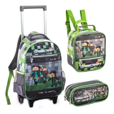 Kit Mochila Rodinha Infantil Escolar Minecraft Game 3 Peças 