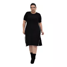 Vestido Midi Plus Size Canelado Com Faixa Lateral Tendência 