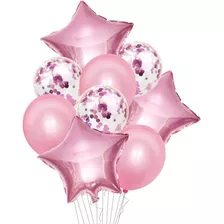 Balão Bexiga Metalizado E Látex Kit Buque 9 Peças P/ Festa Cor Rosa