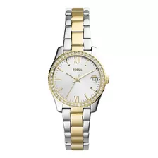 Reloj Pulsera Fossil Scarlette Mini De Cuerpo Color Plateado Y Dorado, Analógica, Para Mujer, Fondo Dorado, Con Correa De Acero Inoxidable Color Plata Y Dorado, Agujas Color Dorado, Dial Dorado, Minut