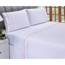 Jogo De Lençol Casal Cama Queen Imperial Branco E Salmão 4pç