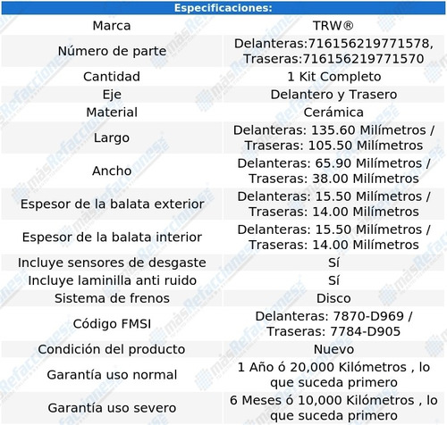 Kit Completo Balatas Cermicas Infiniti Fx35 2003-2006 Trw Foto 2