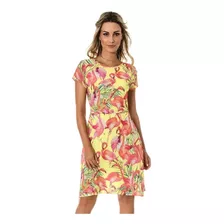 Vestido Crepe Estampa Com Amarelo Manga Curta 