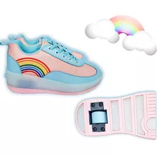 Tenis-patín Para Niña 2 En 1 Talla 21 Arcoiris Suela Con Led