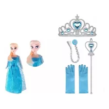 Kit Elsa Frozen Boneca Musical + Fantasia Luva Coroa Cabelo