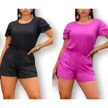 Conjunto Feminino Suede Short Curto Blusa Manga 3 Babados