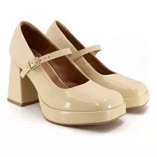 Zapatos Conforto Mujer Plataforma Cuero Charol Beige Usaflex