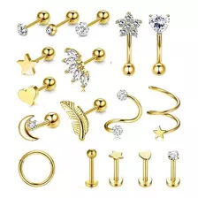 17pcs Piercing Aretes Oreja Cartílago Amor Acero Inoxidable Color Dorado