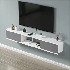 Mesa Tv Flotante Minimalista 2 Puertas Blanco Puertas Gris