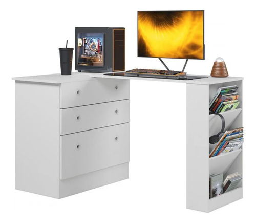Cômoda Com Mesa Gamer Giratória Branco Qmovi Branco Branco