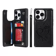 Funda Para iPhone 13 Pro Billetera Cuero Corazon Negro