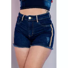 Short Jeans Feminina Amorosa Com Faixa De Pedras Lateral