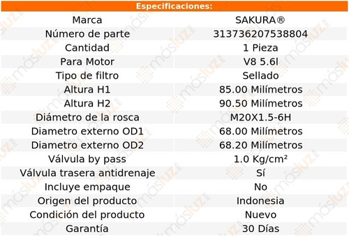 (1) Filtro Aceite Nissan Pathfinder 8 Cil 5.6l 08/12 Sakura Foto 2