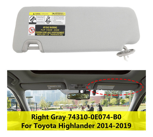 Visera Derecha Con Tocador Gris Claro Para Toyota Highlander Foto 3