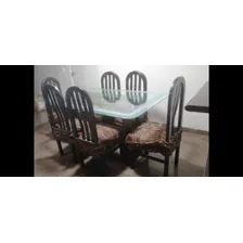 Juego De Comedor, Mesa De Vidrio Tallada 6 Sillas De Madera 