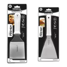 Kit 2 Espatulas Inox Reta E Curva P/ Lanches Chapa Cozinha Cor Branco/cromado