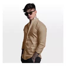 Camisa Gola Padre Aspecto Linho Manga Longa Slim Masculina