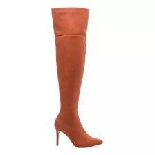 Bota Feminina Over Bico Fino Cano Longo Salto Alto Caramelo