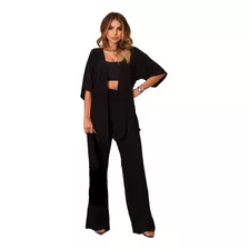 Conjunto Duas Peças Calça Pantalona Reta E Camisa Kimono