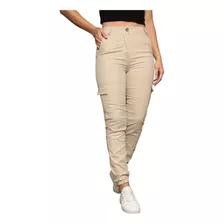 Calça Feminina Sarja Cargo Jogger Com Bolso P Ao Gg