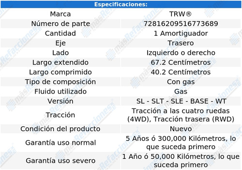 1 Amortiguador Gas Tras Izq/der Sierra 2500hd 01 Al 10 Trw Foto 2